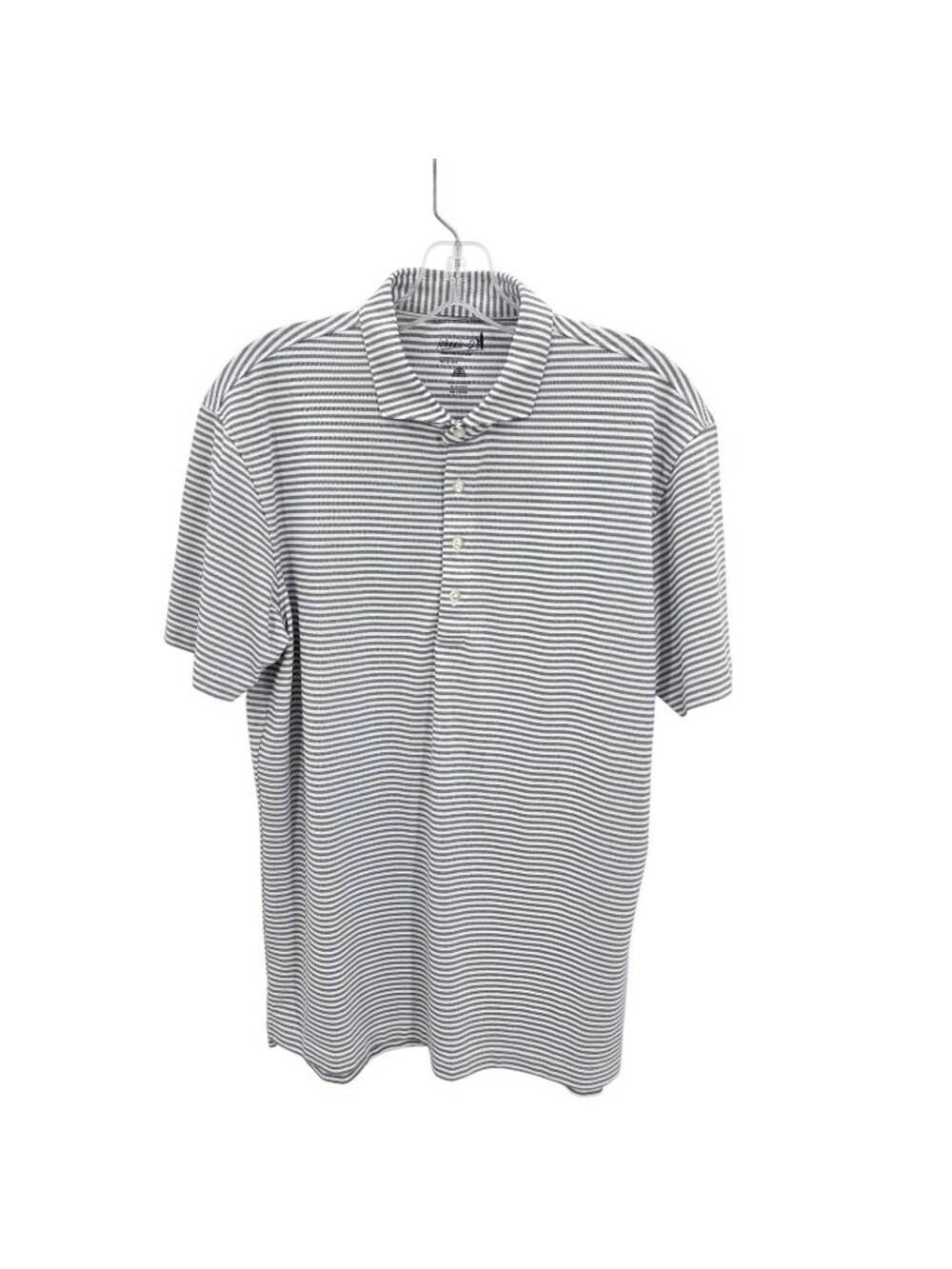 Johnnie O Polo Shirt Mens Medium Gray White Stripe Performance Golf UPF 50
